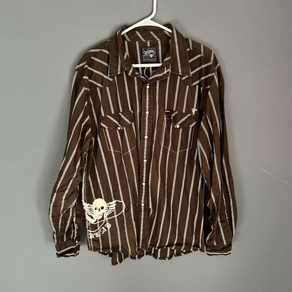 Southern Threads Shirt Mens XL Floral Western Skull Brown Pearl Snap Rockabilly - Picture 1 of 5